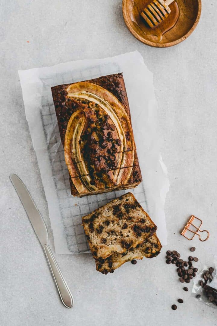 paleo chocolate chip banana bread on a rack