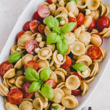 close up shot of pasta caprese salad