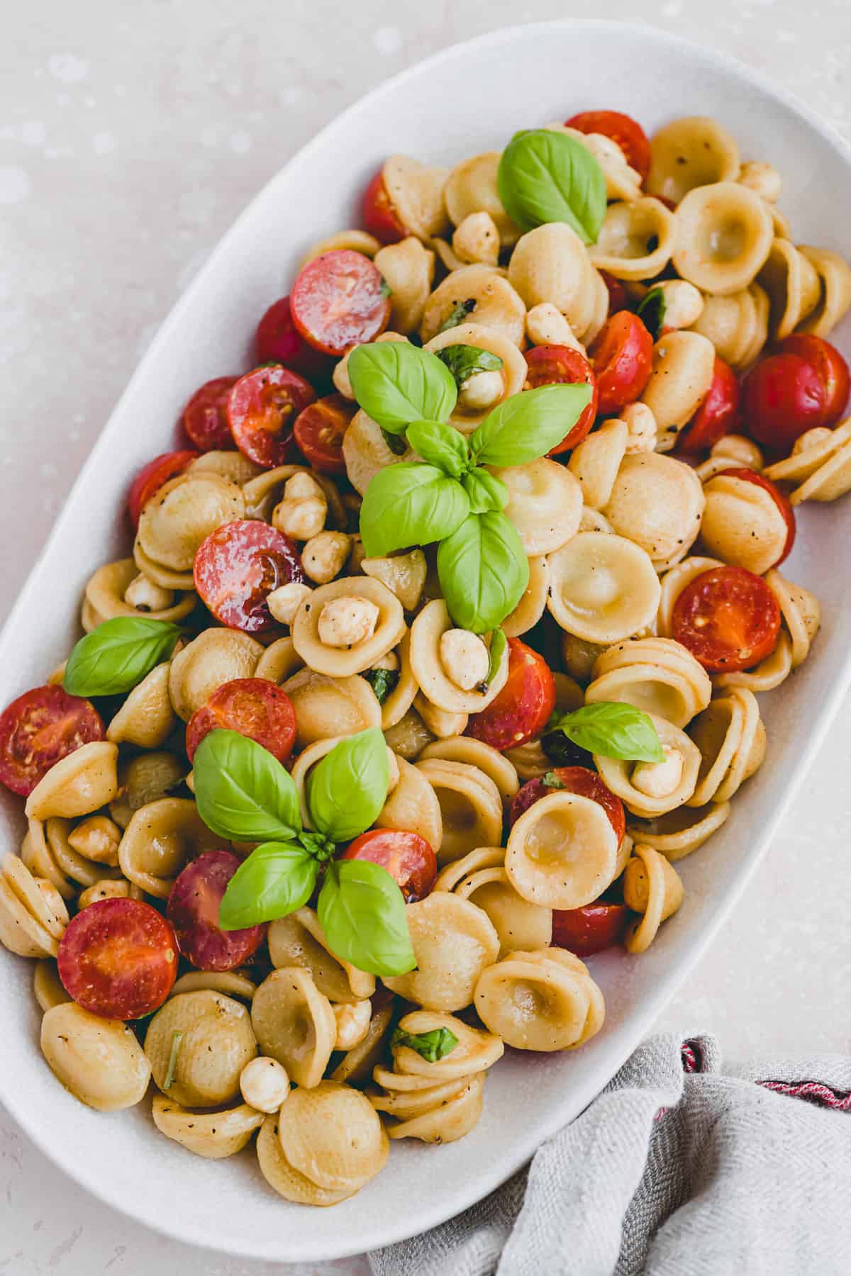 close up shot of pasta caprese salad