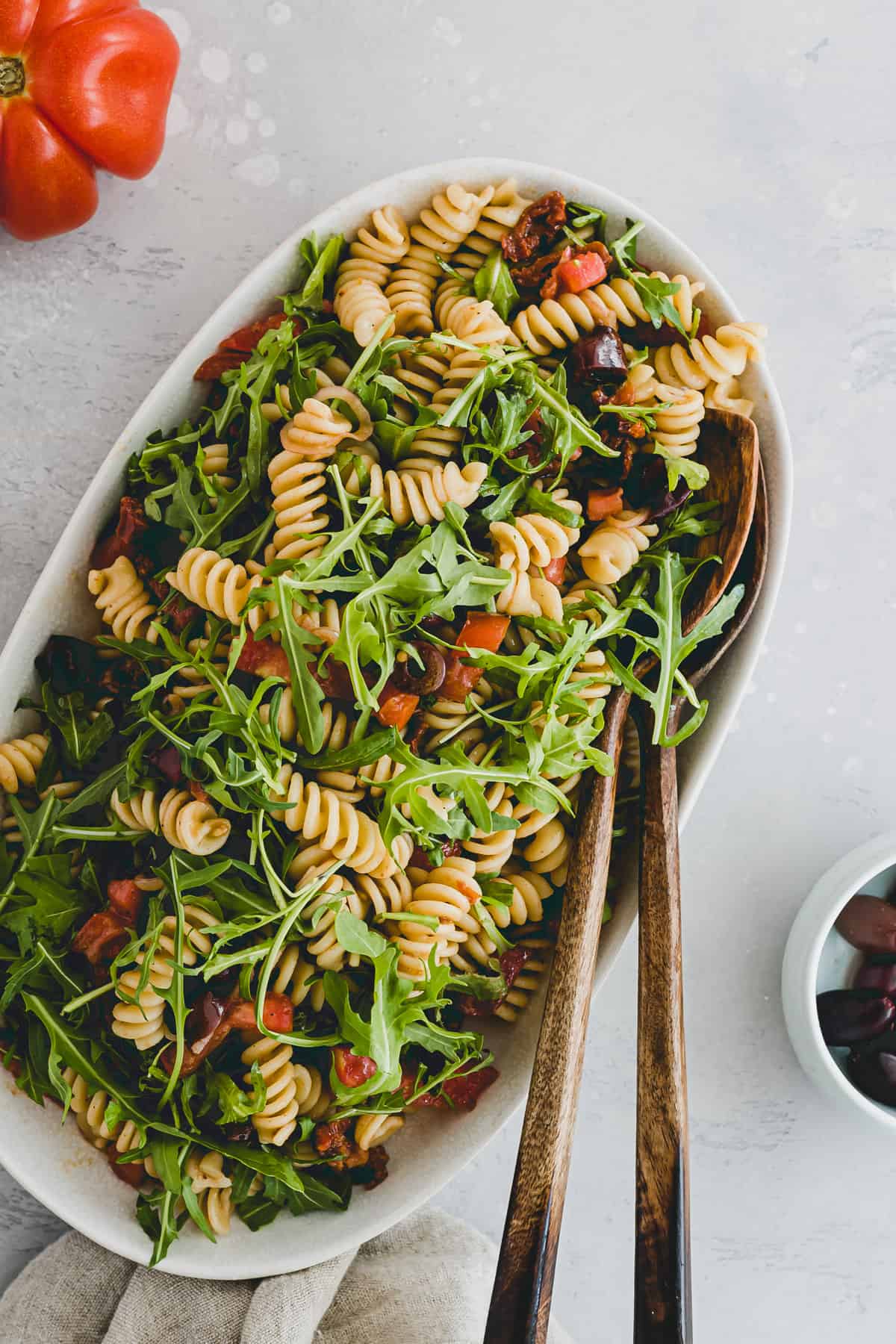 vegan pasta salad with rocket and sun dried tomatoes