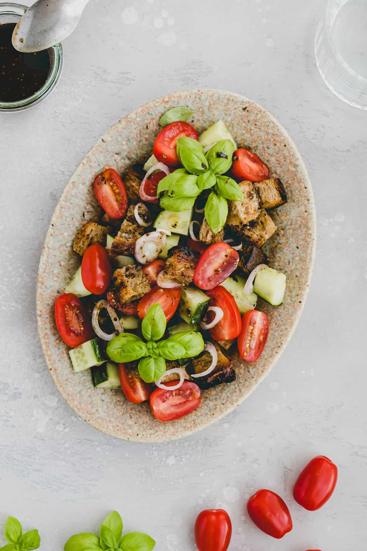 italian bread salad on a serving platter