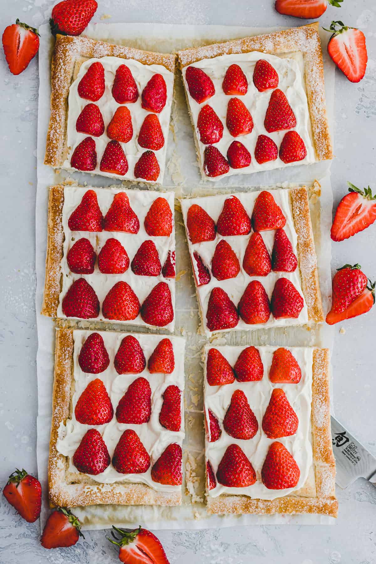 sliced puff pastry tart with fresh strawberries