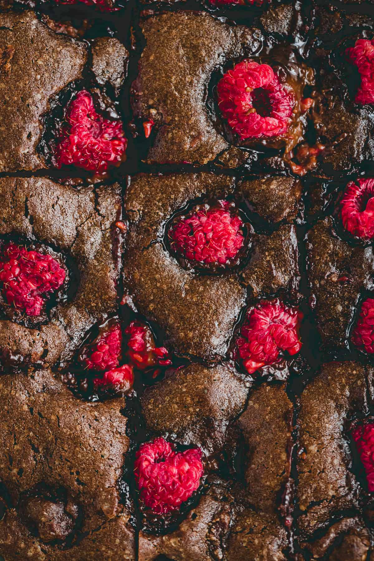 macro shot of raspberry brownies