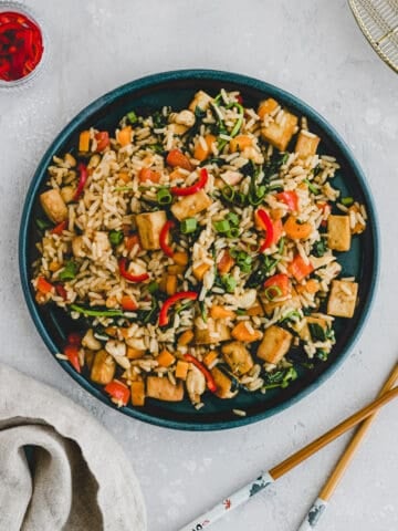 tofu fried rice on a blue plate