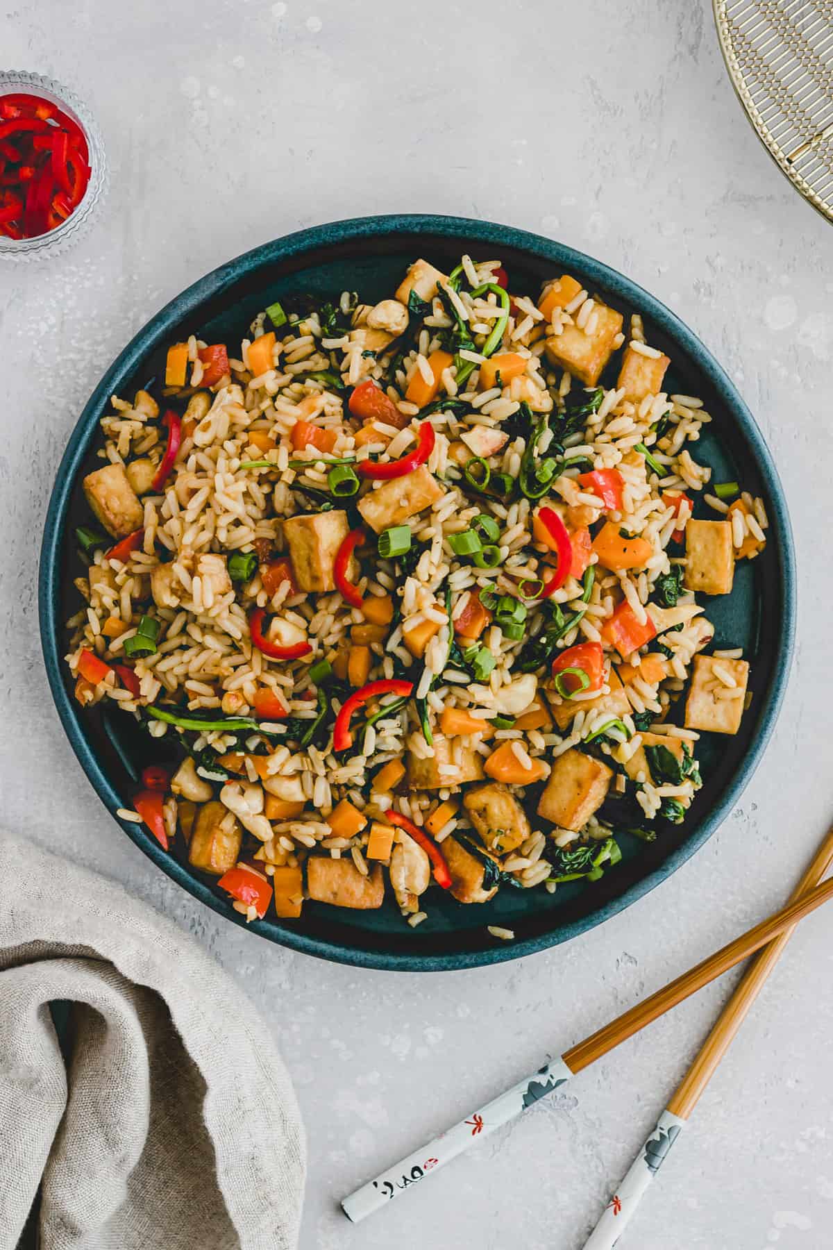 tofu fried rice on a blue plate