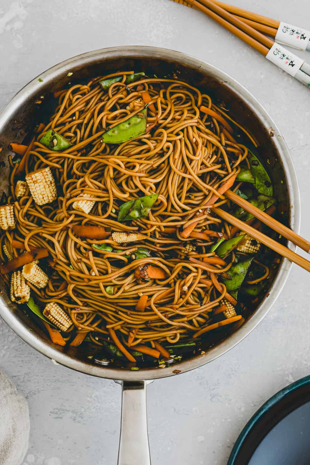 vegetable lo mein noodles in a skillet