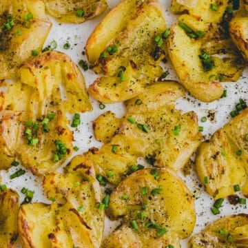 close up shot of smashed potatoes