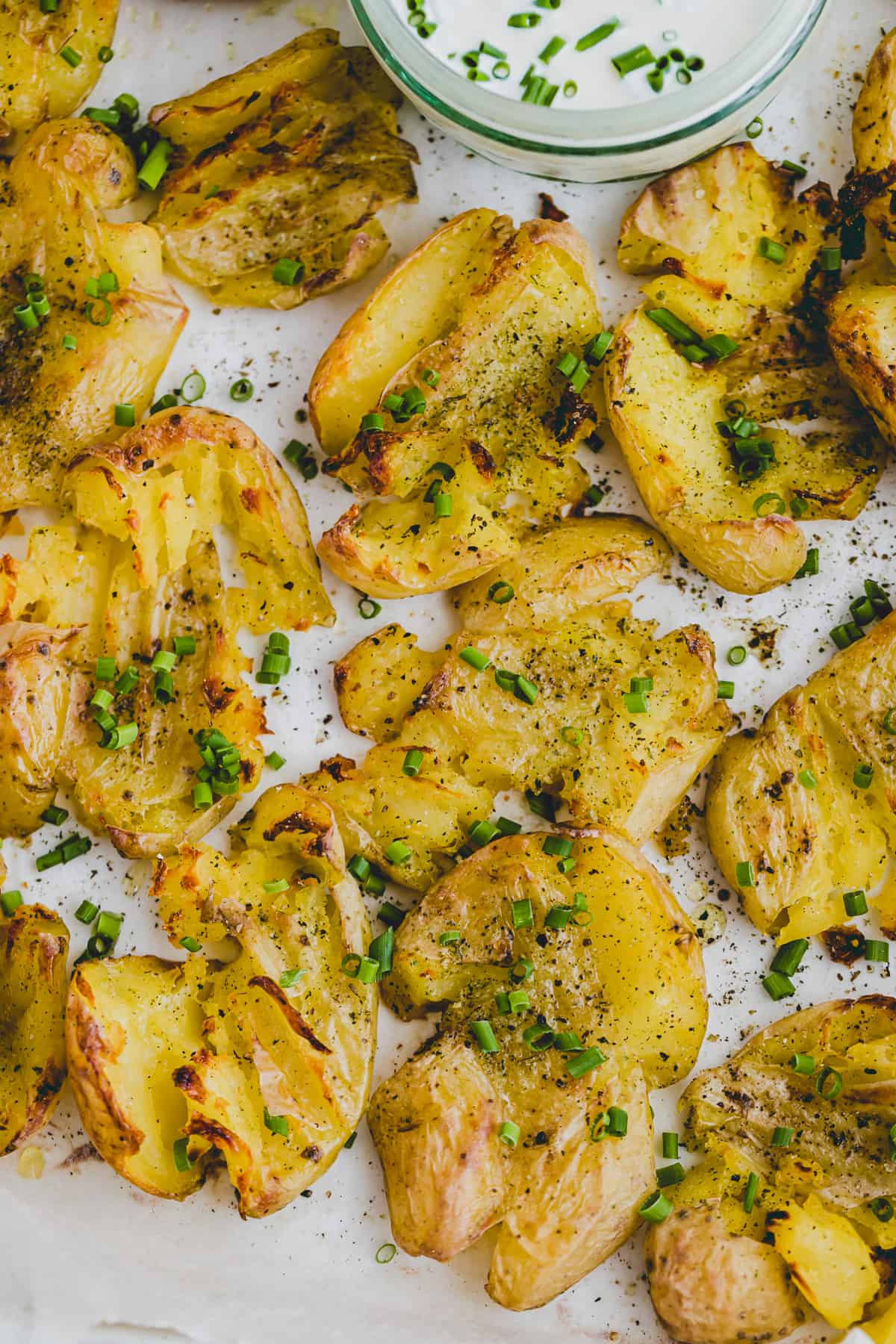 close up shot of smashed potatoes