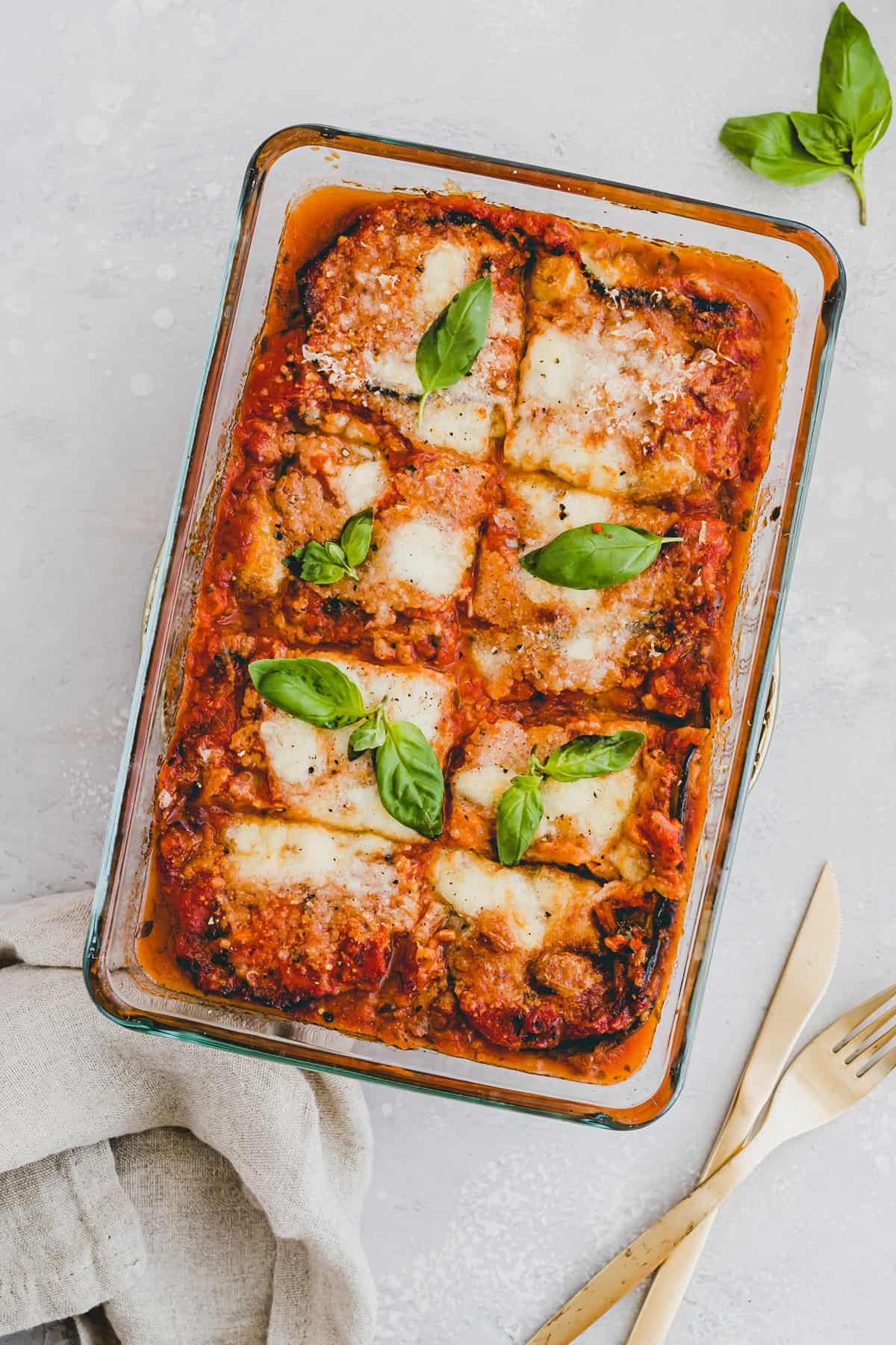 eggplant parmesan in a baking pan