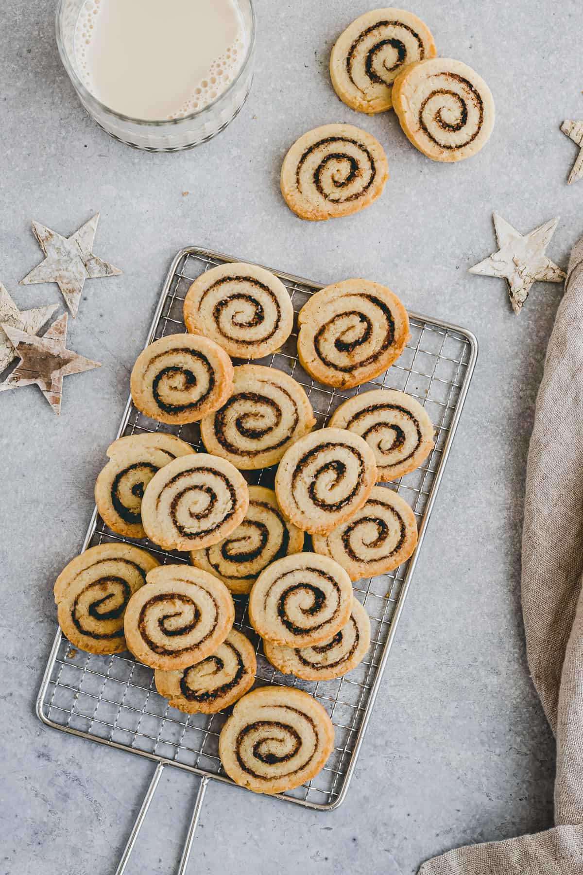 cinnamon roll cookies on a rack
