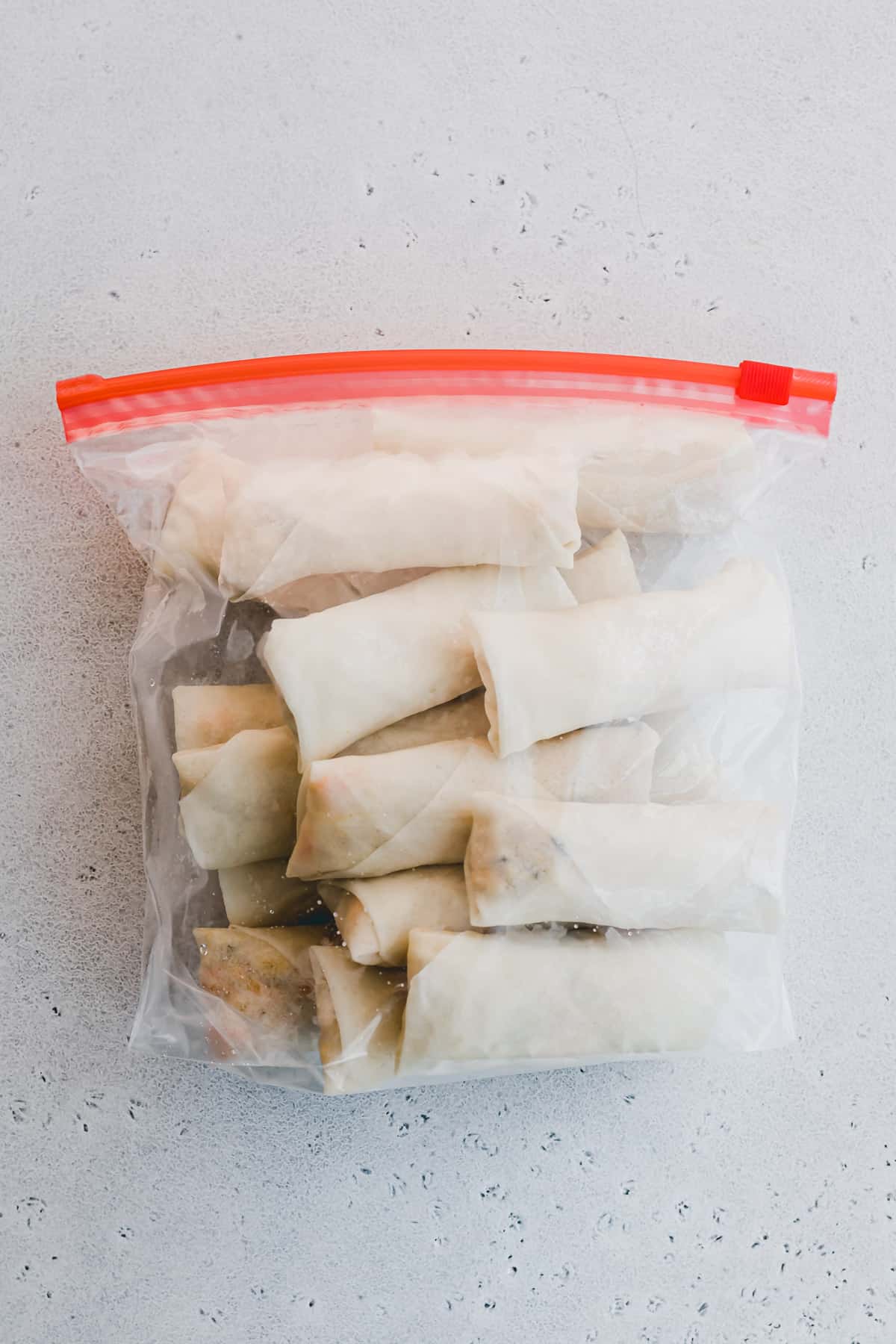 frozen spring rolls in a freezer bag