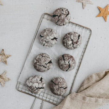 vegan Chocolate Crinkle Cookies on a rack