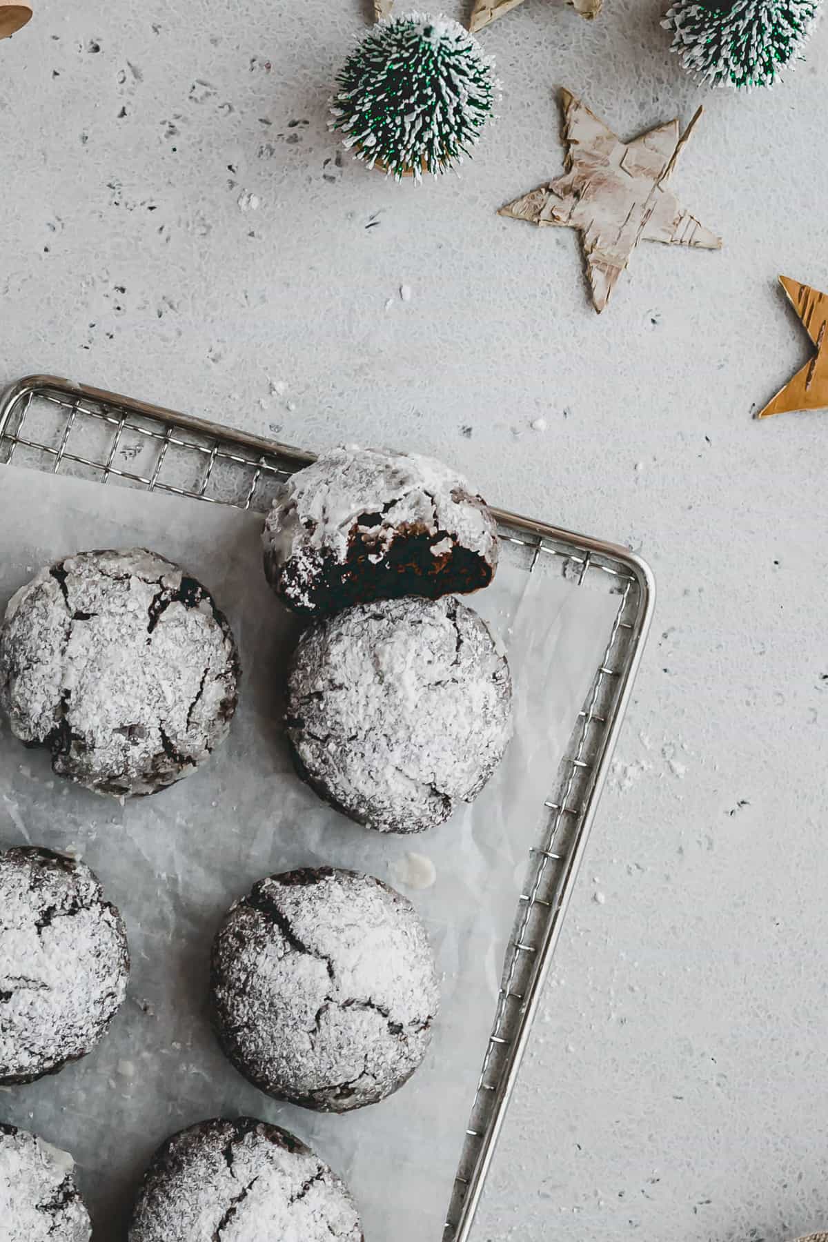 vegan Chocolate Crinkle Cookies on a cooling rack