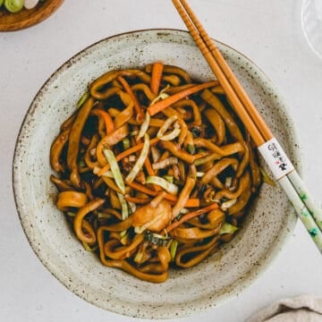 vegetable yaki udon noodles in a bowl