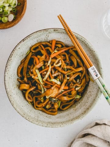 vegetable yaki udon noodles in a bowl