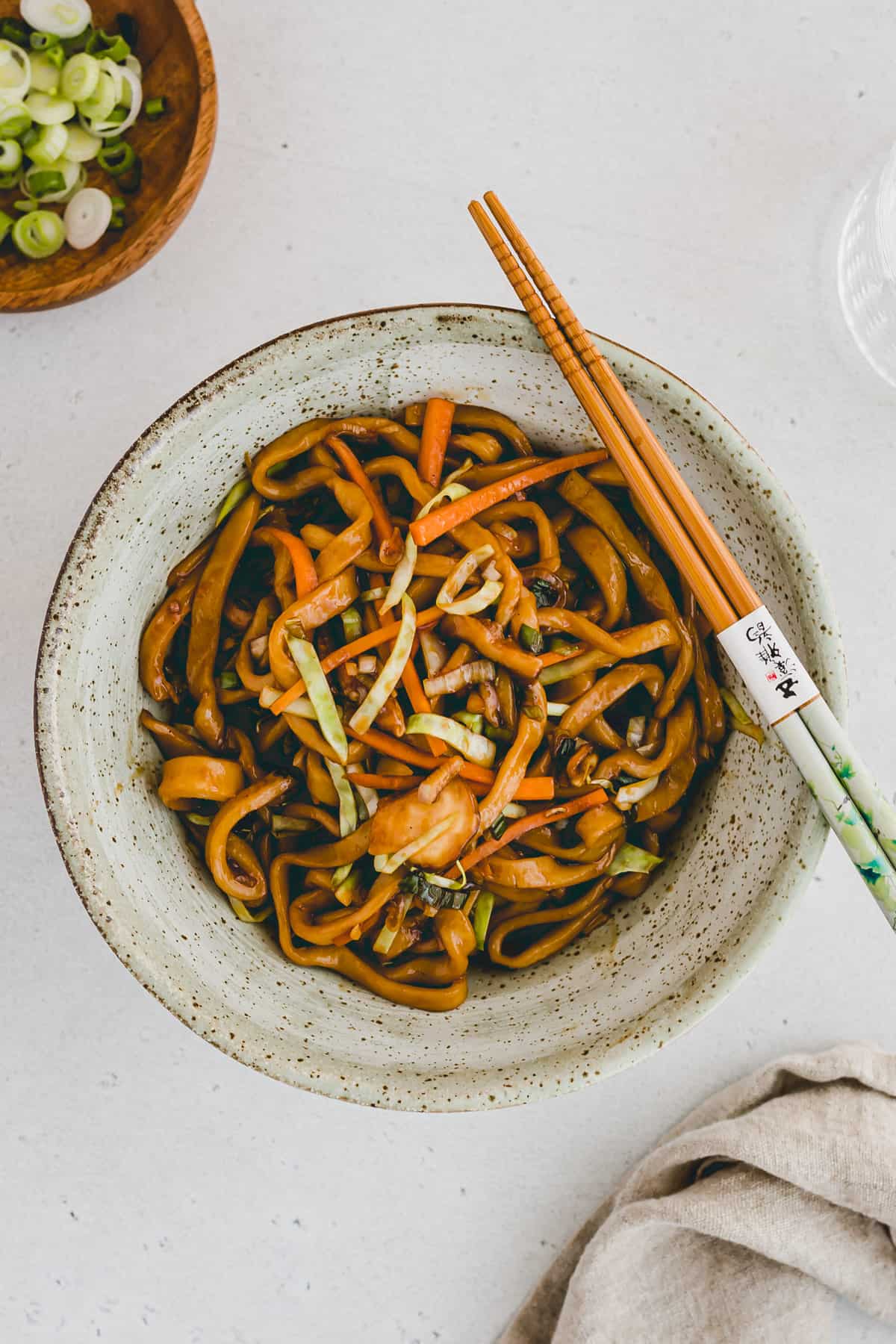 vegetable yaki udon noodles in a bowl