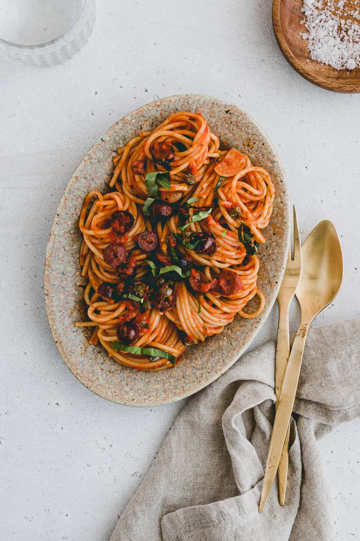 vegan spaghetti puttanesca on a plate