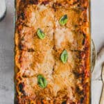 vegan lasagna bolognese in a baking dish