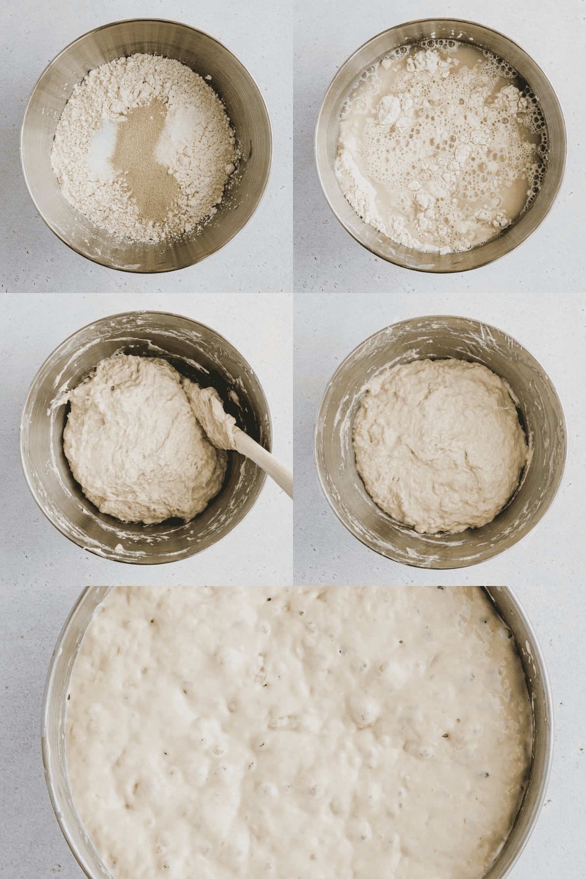 Five image gallery of process of making focaccia dough in a metal bowl, from loose ingredients toa wet dough, to a risen dough. 