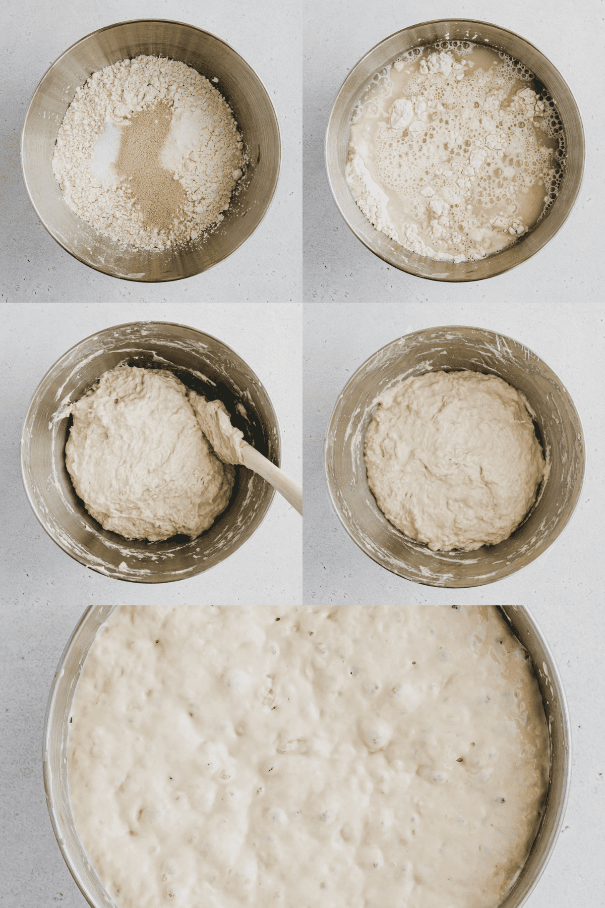 Gallery of 5 images, all top view of a metal mixing bowl showing the process of making focaccia dough and what it looks like having risen.