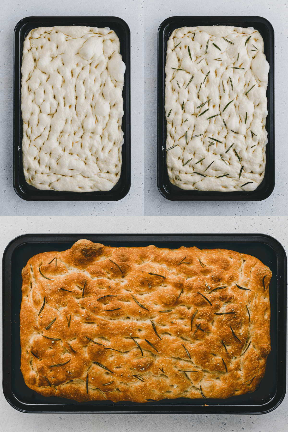 Three picture collage each of top views of focaccia making process: top left picture is of focaccia dough on a baking sheet with holes in it, top right is the same and also has fresh rosemary on it, and the bottom picture is the focaccia baked brown, just out of the oven.