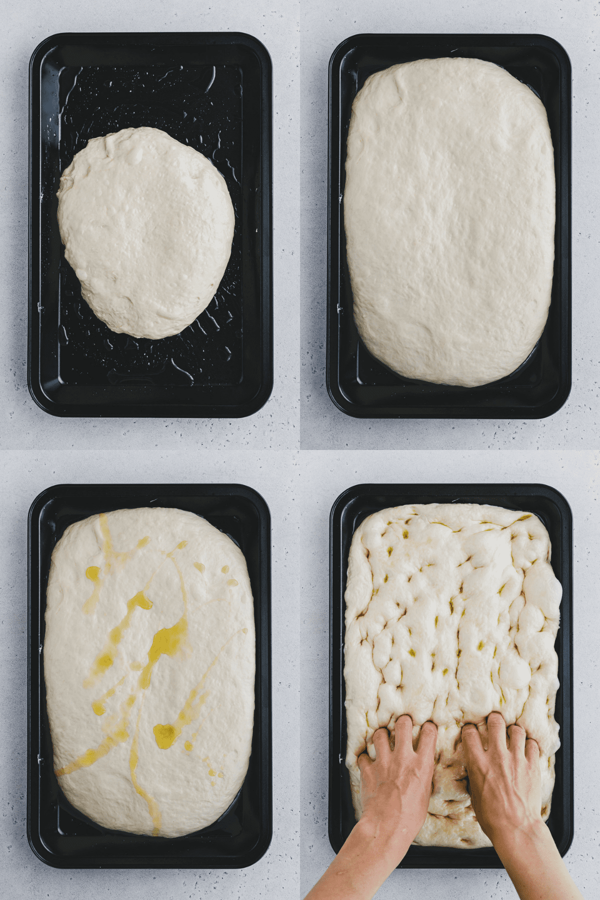 Four pictures  - top view of focaccia pizza making process from a circle of dough on a tray, to it spread out in a rectangle, then with oil on it, and lastly with two hands pressing holes into the dough.