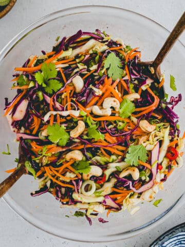 asian cabbage salad in a large glass bowl