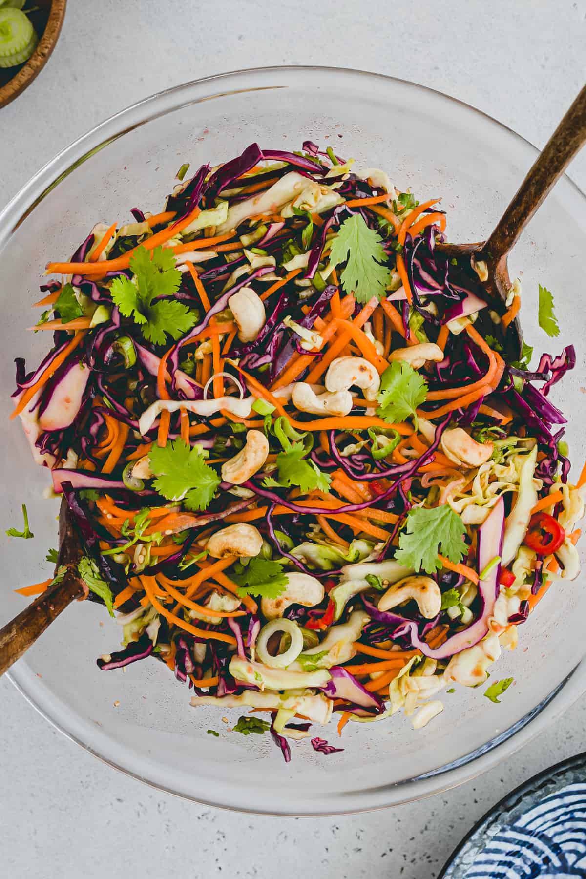asian cabbage salad in a large glass bowl