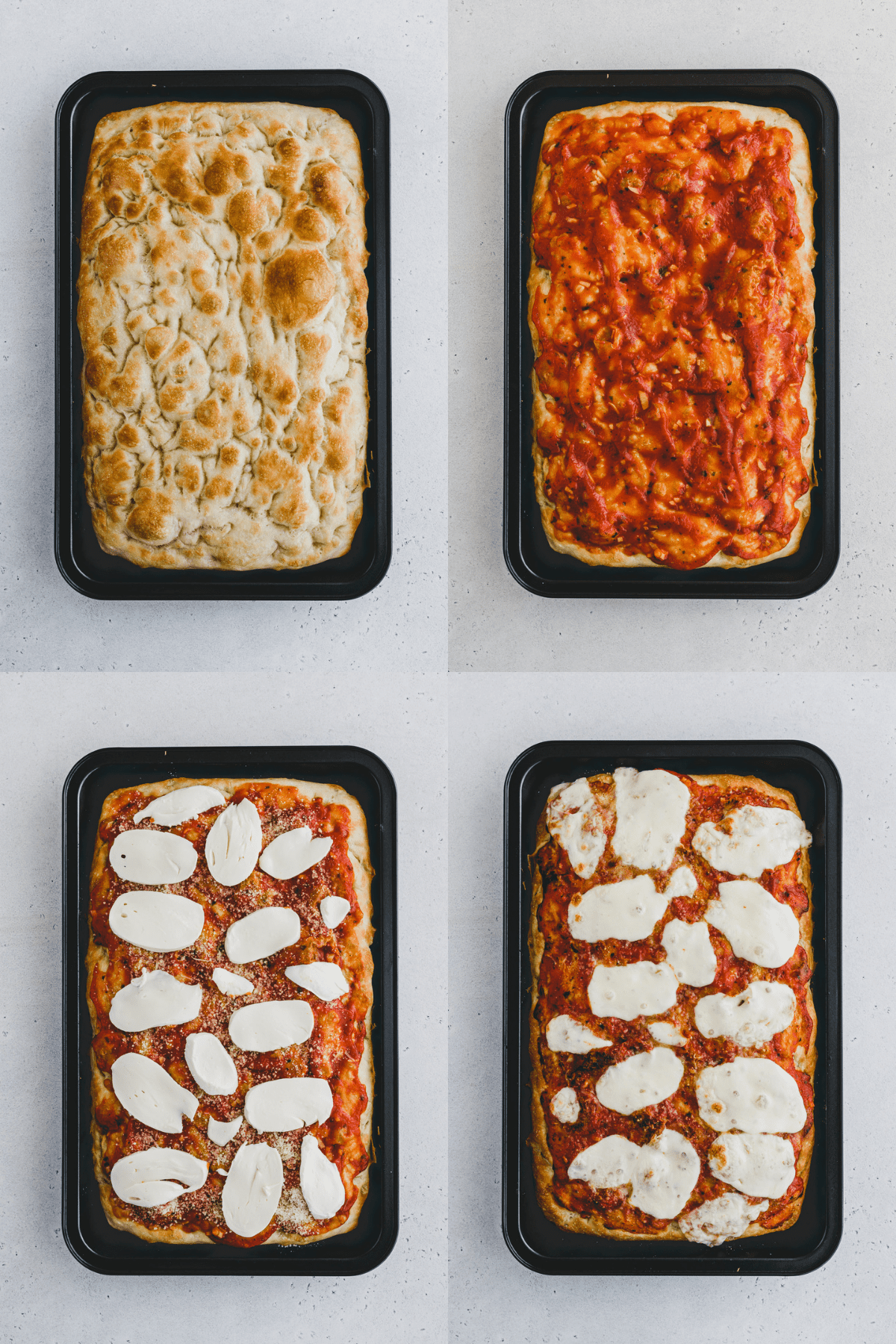 Top view of Focaccia Pizza making process in four pictures, from pre-baked, to having tomato sauce on it, then with mozzarella on it, and then after it is baked. 