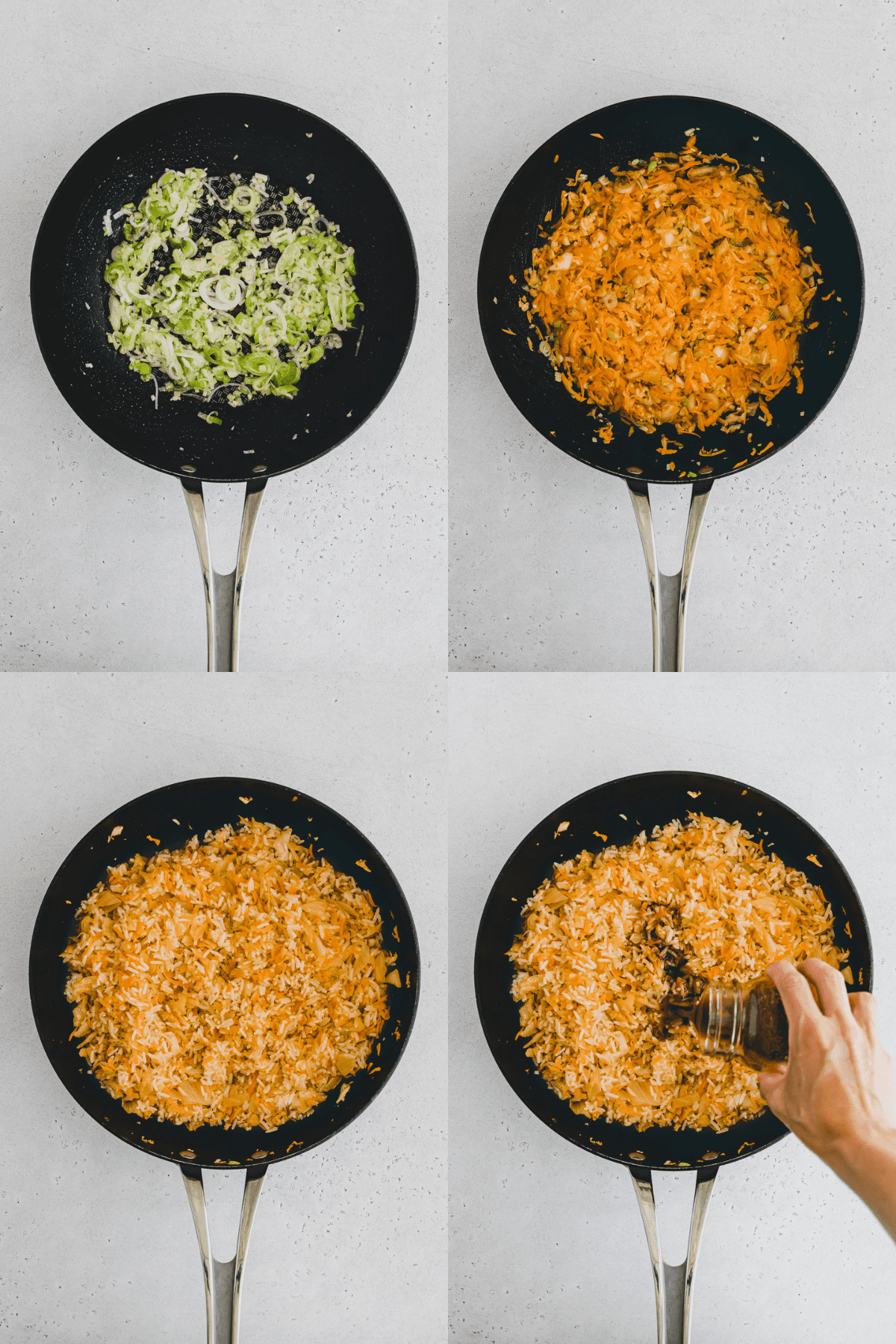 Top view of four process pictures of a top view of a skillet: top left is the skillet with garlic, ginger and green onion being sautéed; top right is the skillet with added carrots and kimchi, bottom left is with added rice, bottom right is with added sauce. 