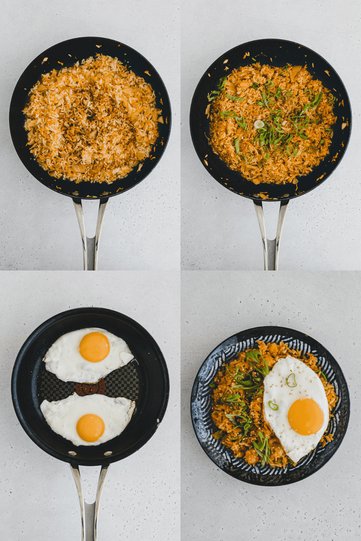 4 pictures of process shots from top view: top left is a skillet with the kimchi fried rice, top right has added green scallions, bottom left is a pan with two fried eggs in it and bottom right is a blue patterned plate with kimchi fried rice with a fried egg on top. 