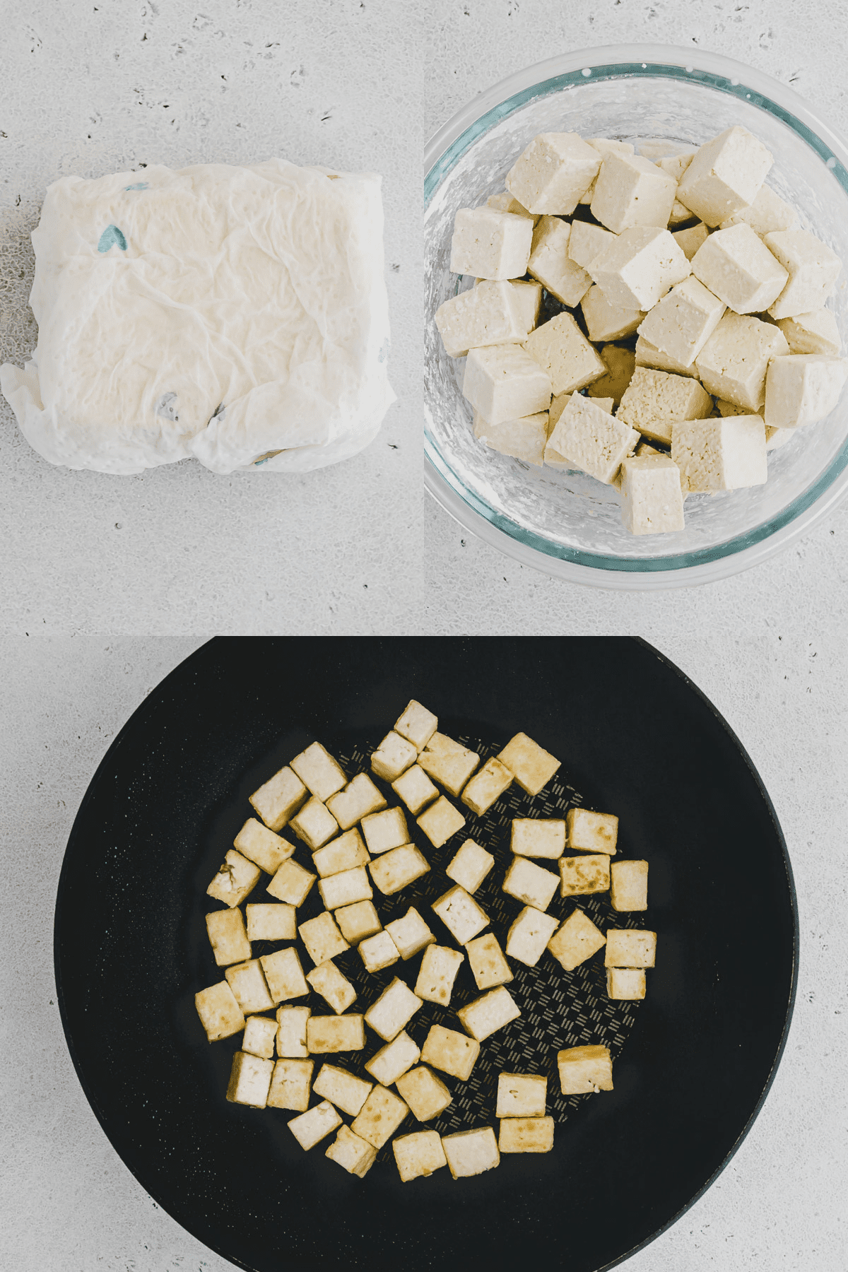 Gallery of 3 images: Top left is top view of a block of tofu wrapped in kitchen towel that is wet, top right is a top down view of a glass bowl with cubes of tofu in it, bottom picture is cubed tofu in a frying pan getting slightly browned. 
