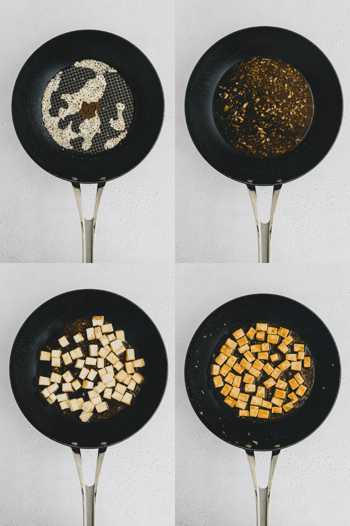 Gallery of four images each a top view of a pan: top left has oil and seasoning in it, top right is this mixture melted, bottom left has the tofu added in, bottom right is tofu cooked crispy in a teriyaki sauce. 