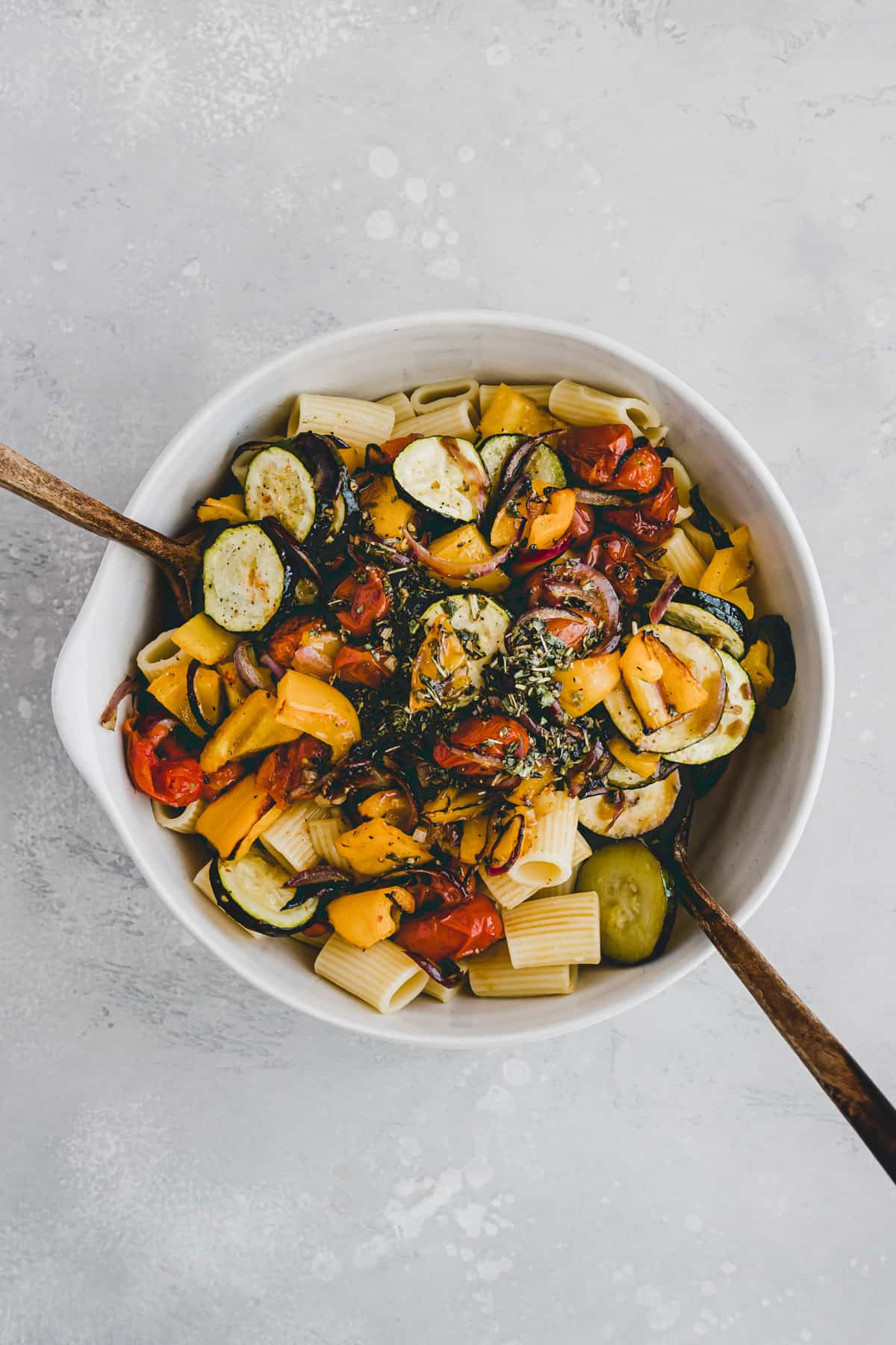 Roasted Vegetable Pasta Salad in a salad bowl