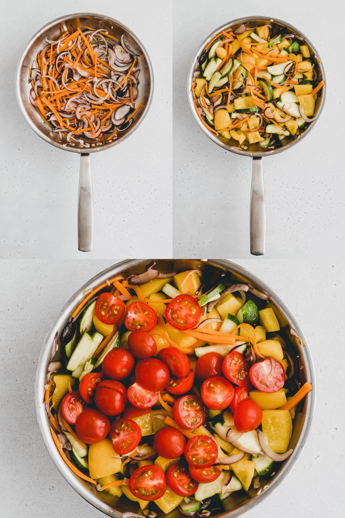 Three photo gallery. Top left is a top view of a pan with sliced onion and sliced carrots, top right picture is a pan with more chopped vegetables in it and the bottom picture is a top view of a pan with chopped vegetables as well as sliced cherry tomatoes on top. 