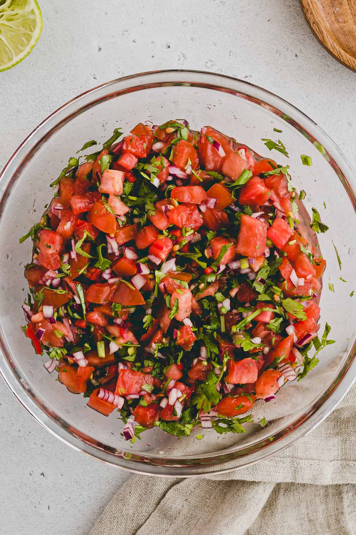 homemade pico de gallo in a glass bowl