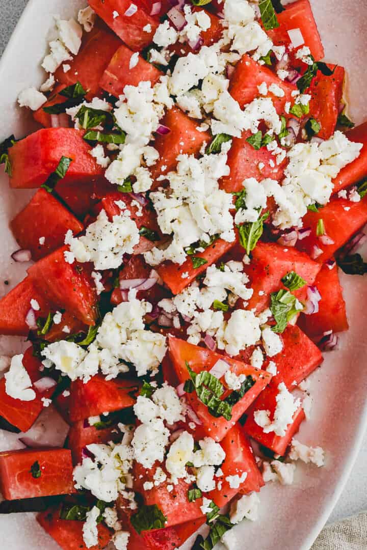 close up shot of watermelon feta mint salad