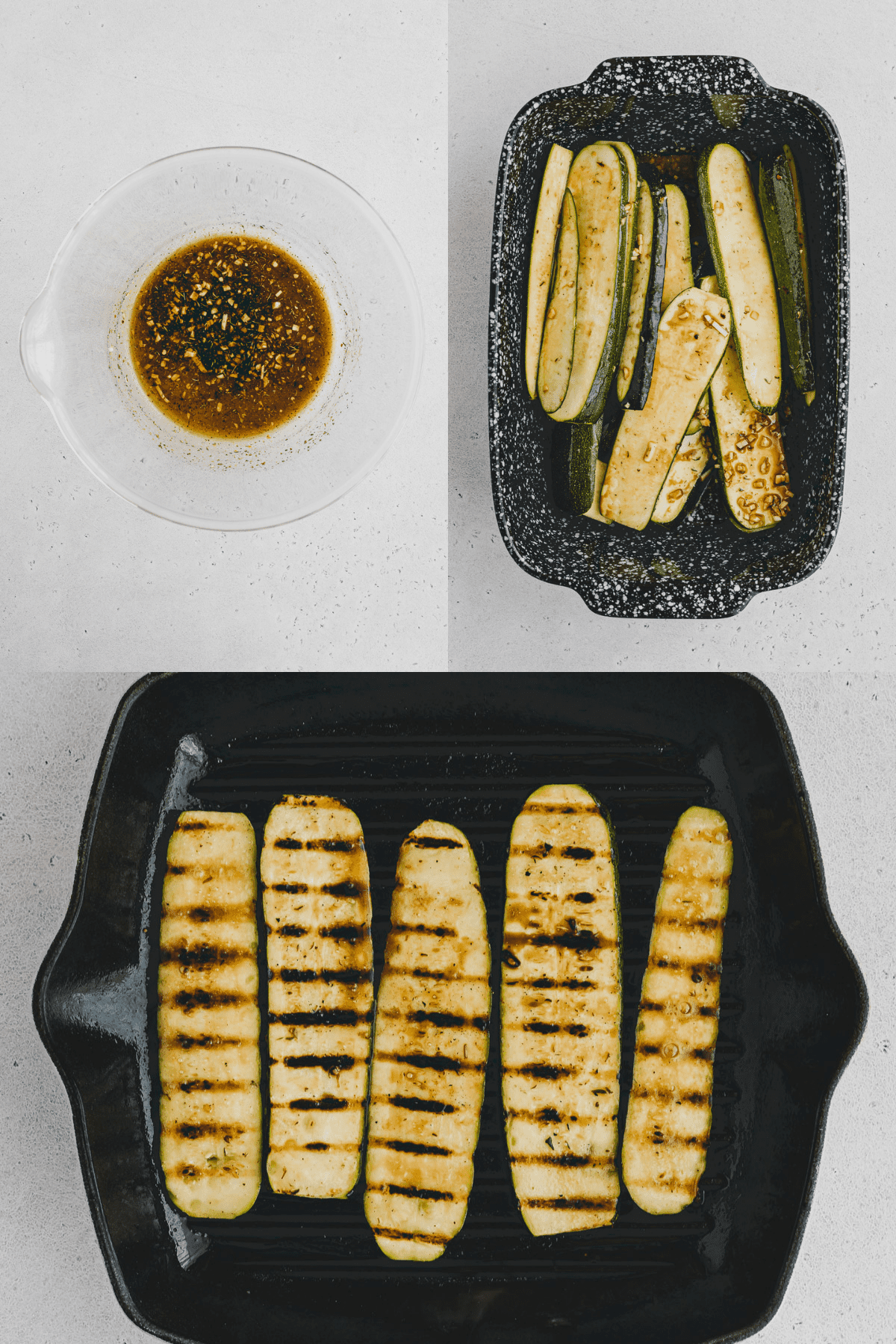 Three pictures from top view. Top left photo is  of a small glass bowl with the marinade in it, top right is the zucchini slices in a small dish coated in the marinade, bottom picture is of a grill pan with zucchini slices laid out on it with grill marks perpendicular to the slices. 