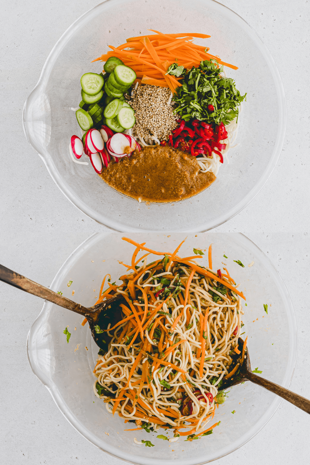 Two top-view pictures of glass bowls - the top picture has unmixed Asian salad in it, and the bottom picture shows noodles being mixed into the salad with two wooden spoons. 