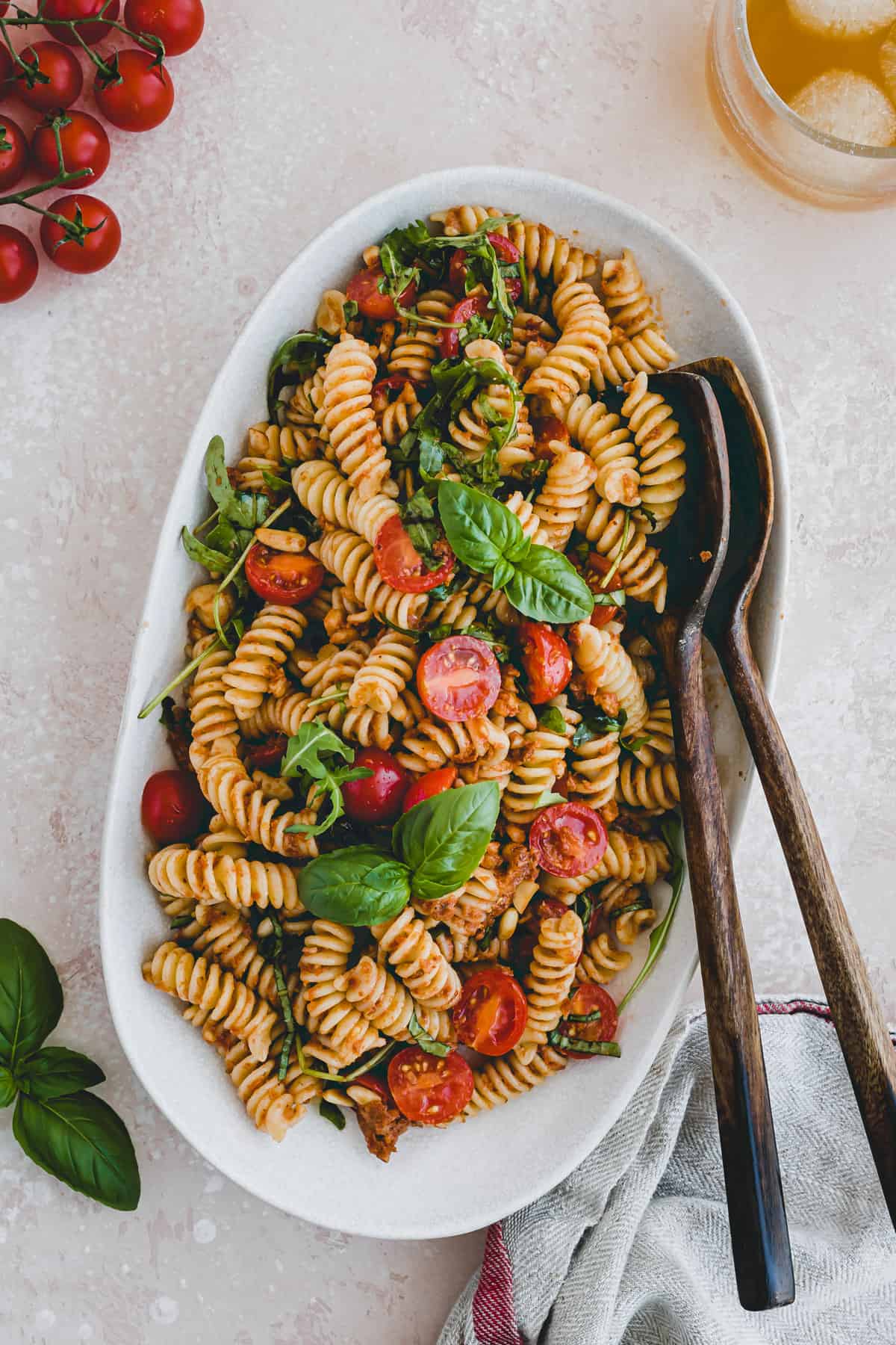 sun-dried tomato pesto pasta salad on a salad platter