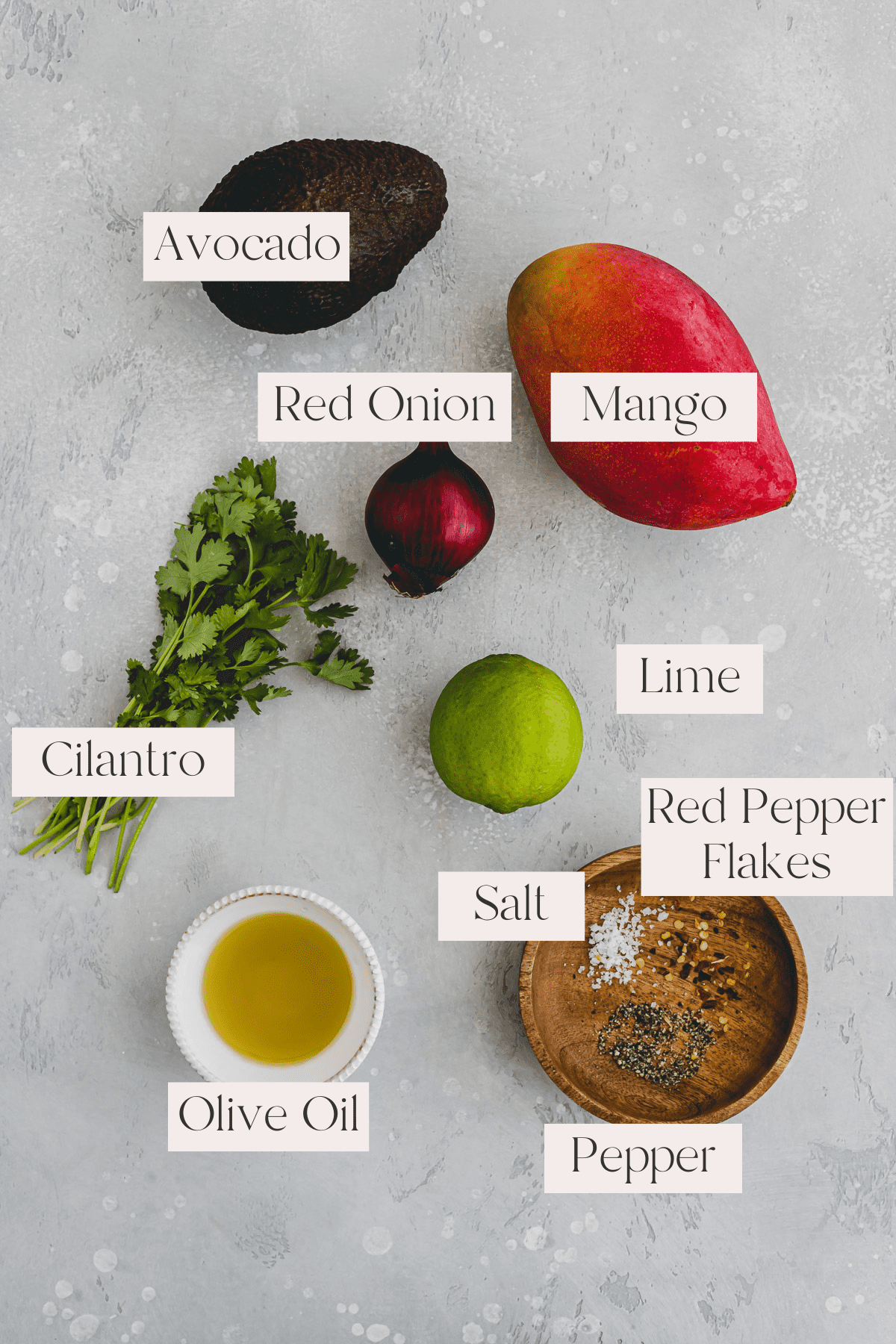 Top view of Mango Avocado Salad Ingredients on a table including a mango, an avocado, a small red onion, a lime, a bunch of cilantro, a small bowl of olive oil and a small plate with salt, pepper and red pepper flakes on it, each with their own label on it. 