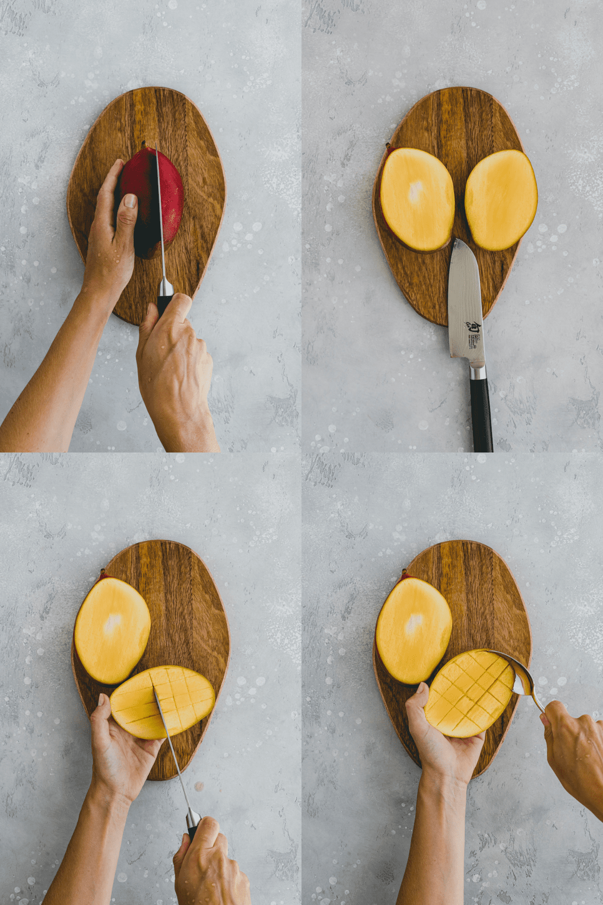Gallery of 4 photos, 2 on the top and 2 on the bottom in equal size. Each photo is a top view of a chopping board, in the top left photo of a mango being chopped in half, the top right photo is two halves of a mango lying on a chopping board with a knife below it. The bottom left photo is of one of the mango halves being diced inside and the bottom right photo shows the mango dices being scraped out of the mango skin with a spoon. 