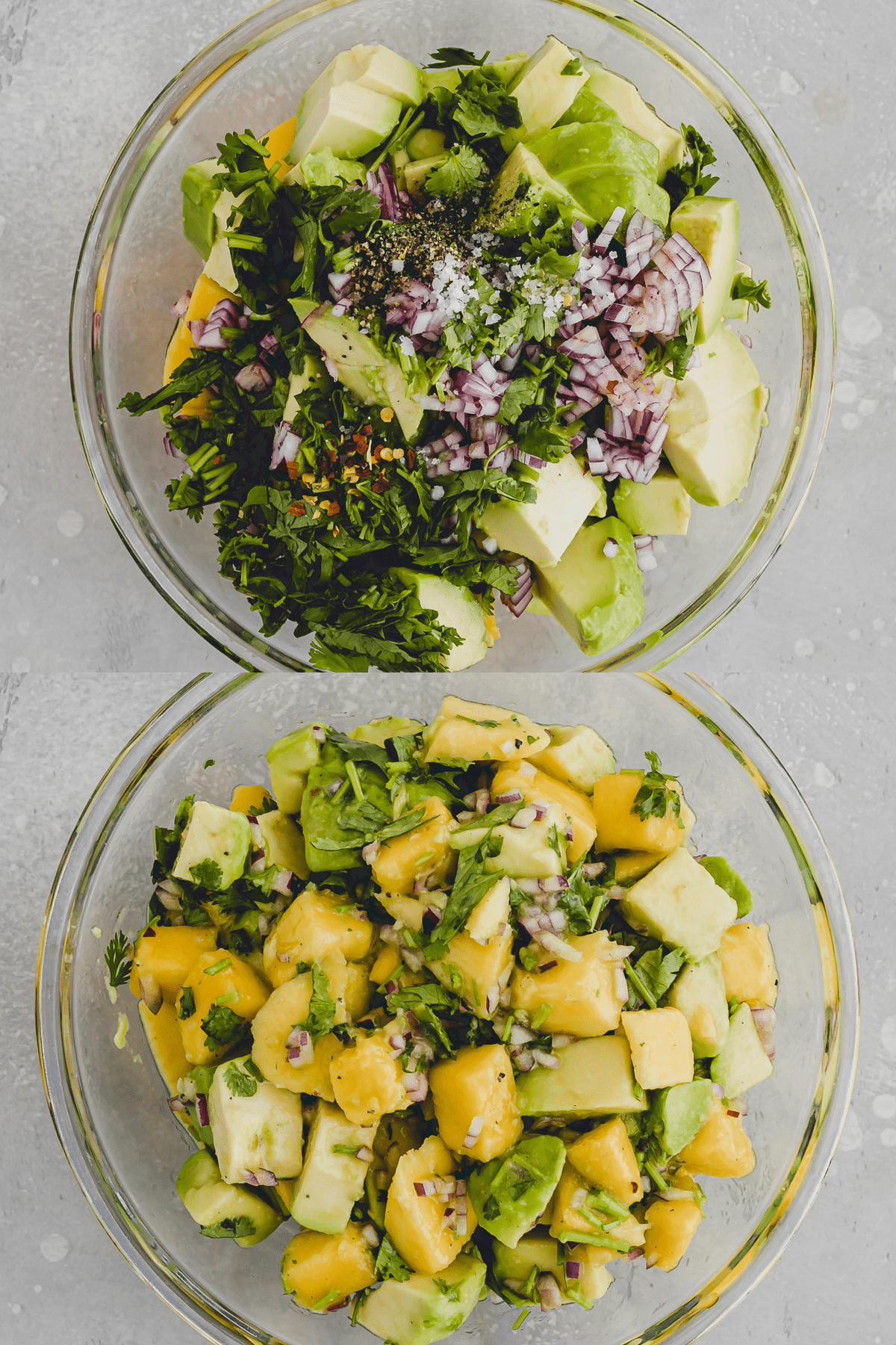 Two photos one on top of the other. Both are top views of a glass bowl filled with mango avocado salad - the top picture is all the ingredients, unmixed, the bottom picture is the salad mixed together. 