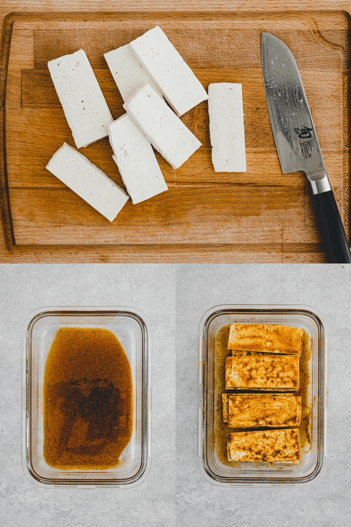 Three pictures: top picture is a top view of a stack of tofu steak slices with a knife sitting next to them on a wooden chopping board; bottom left is a top view of a glass dish with marinade in it; bottom right is a top view of tofu steaks in the marinade. 