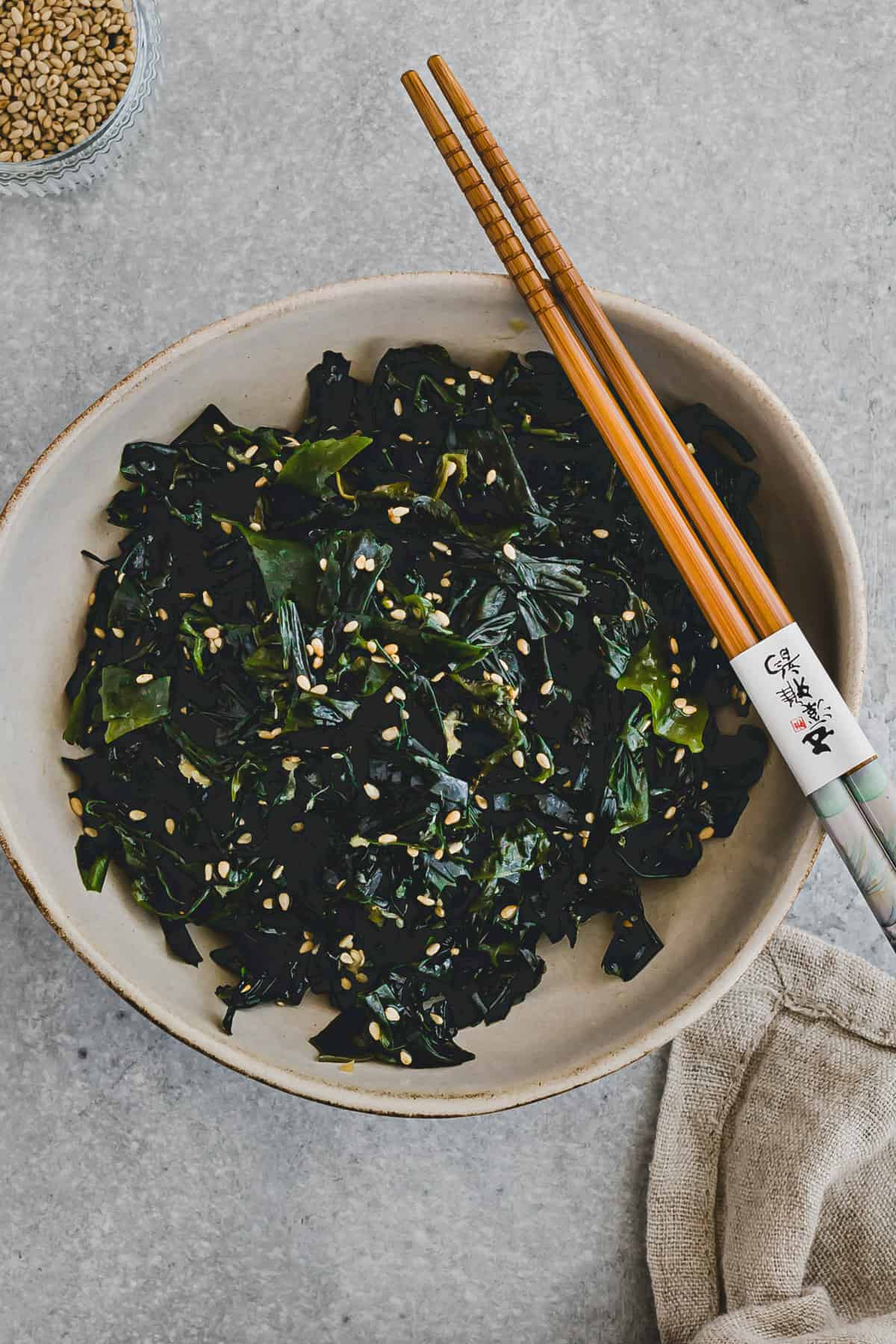 japanese wakame salad with sesame in a bowl