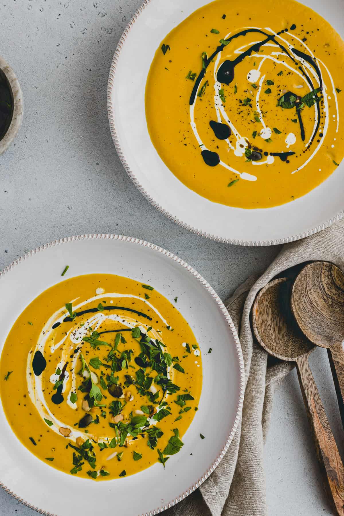 vegan soup with kuri squash in two bowls