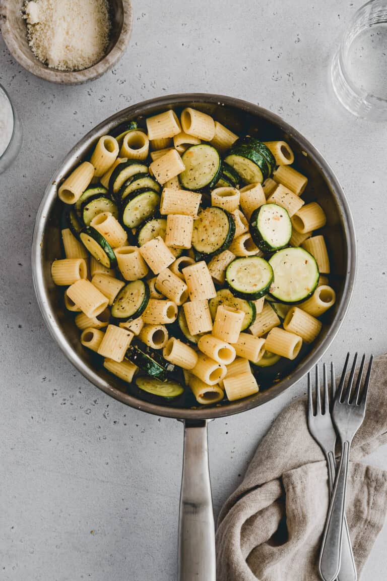 pasta with zucchini in a skillet