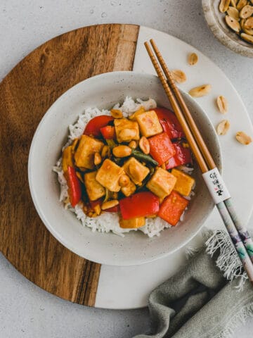kung pao tofu served over rice in a bowl