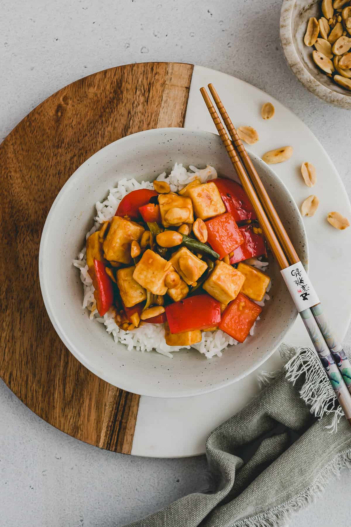 kung pao tofu served over rice in a bowl