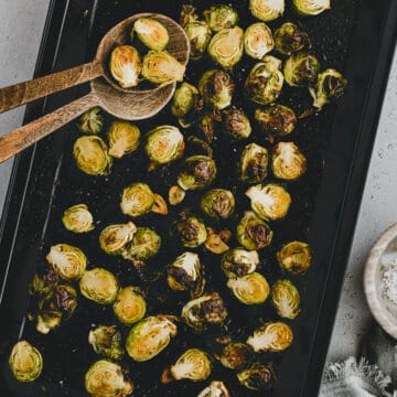 Oven Roasted Brussels Sprouts on a baking sheet